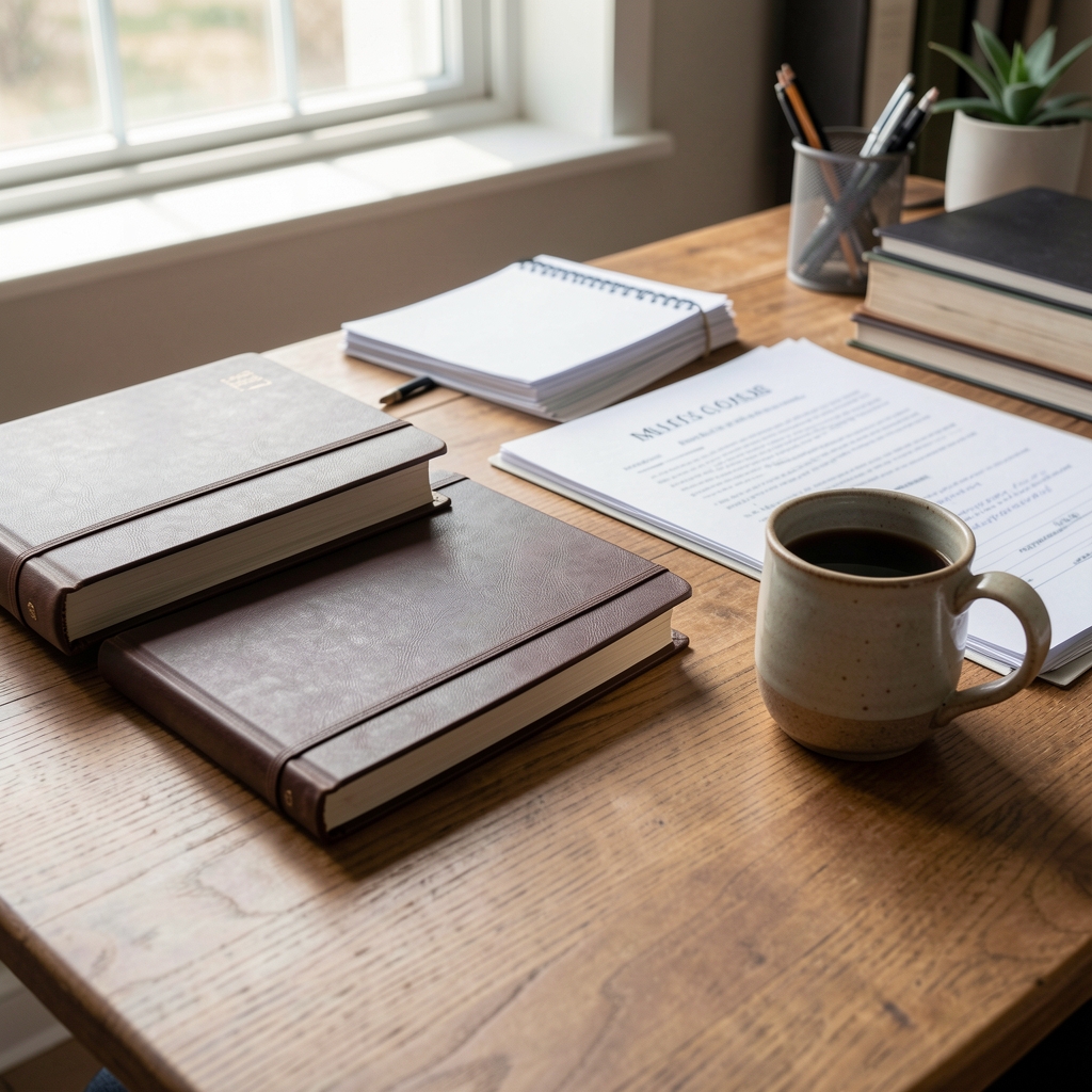 Editorial workspace with open notebooks, printed research references, and a ceramic cup on a dark wooden surface in controlled studio lighting