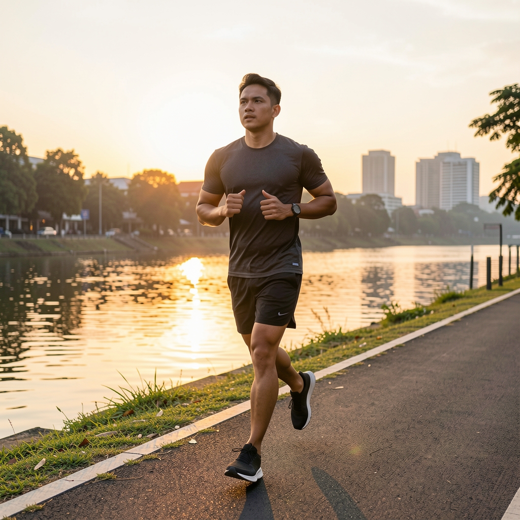 Active man in his thirties running along a riverside path at sunrise in Jakarta, wearing athletic clothing, strong natural light