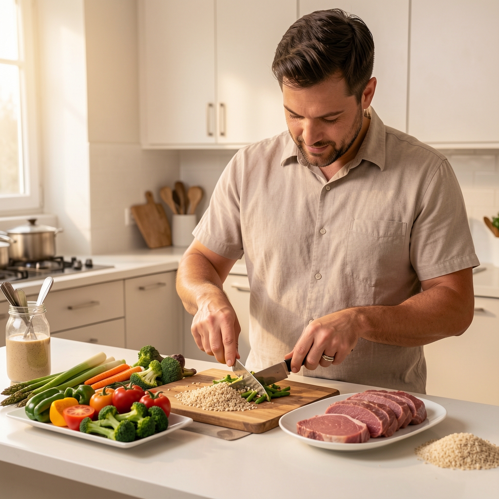 Man preparing a structured meal with fresh vegetables, whole grains and lean protein on a clean kitchen counter under warm studio lighting