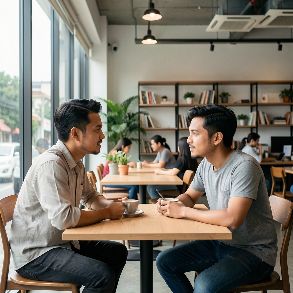 Two men in their thirties having a focused conversation over coffee at a modern Jakarta co-working space, natural window light, relaxed atmosphere