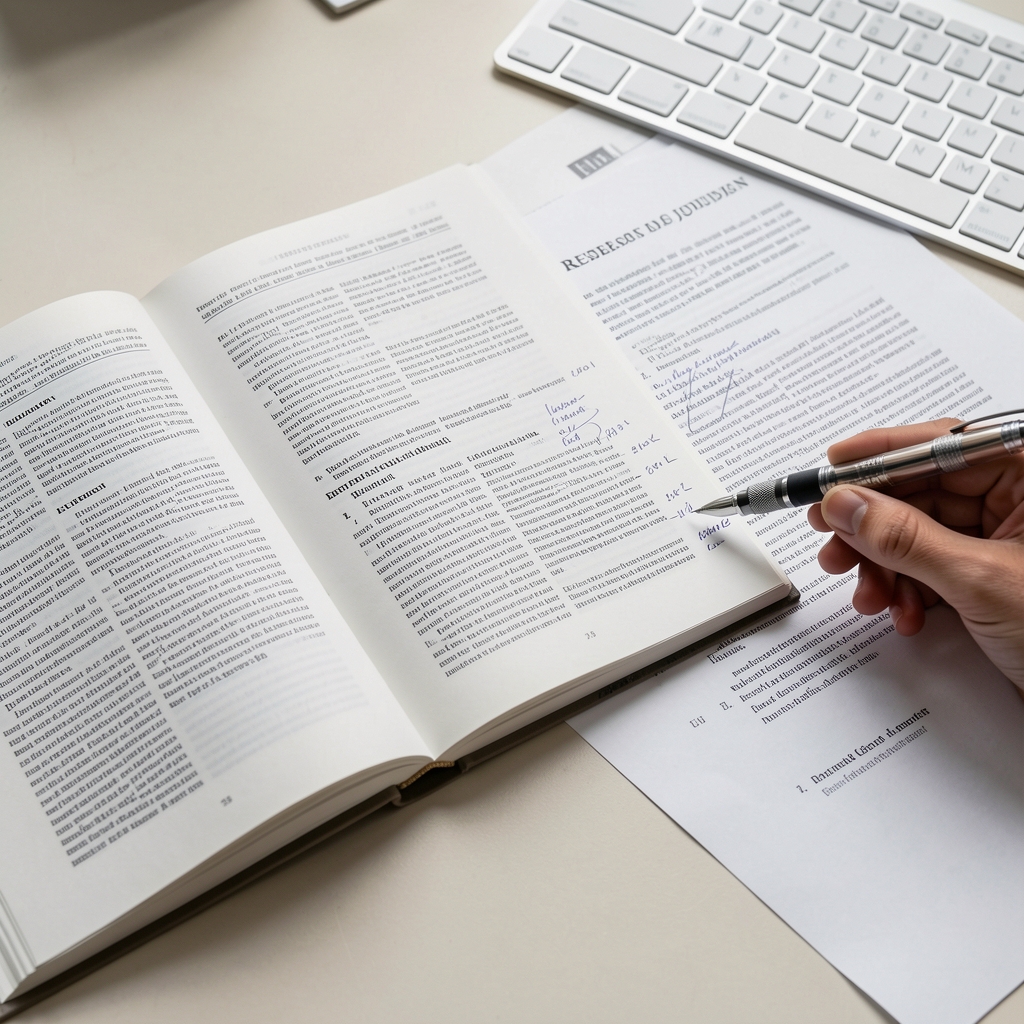 Open research journal and printed academic citations spread across a clean editorial desk surface, with a mechanical pencil marking annotations