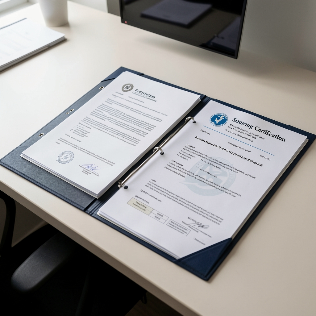 Editorial file folders containing batch verification documents and sourcing certificates arranged on a clean desk surface
