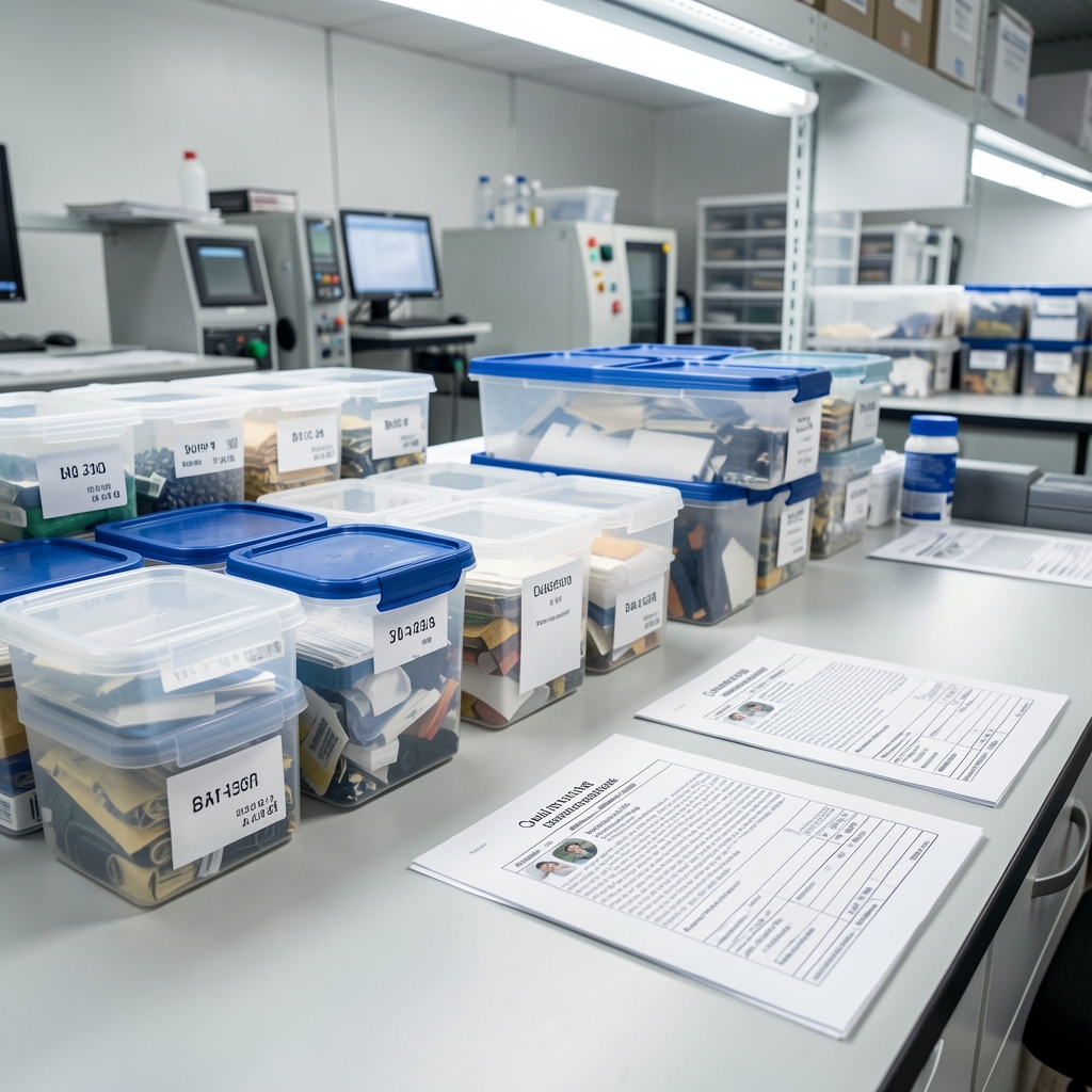 Quality-control workspace with batch-coded containers and printed composition verification documents under bright controlled lighting