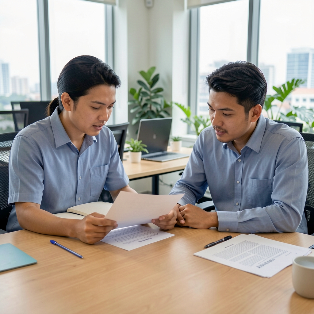 Two editorial contributors reviewing a printed research summary document together at a shared desk in a Jakarta office environment