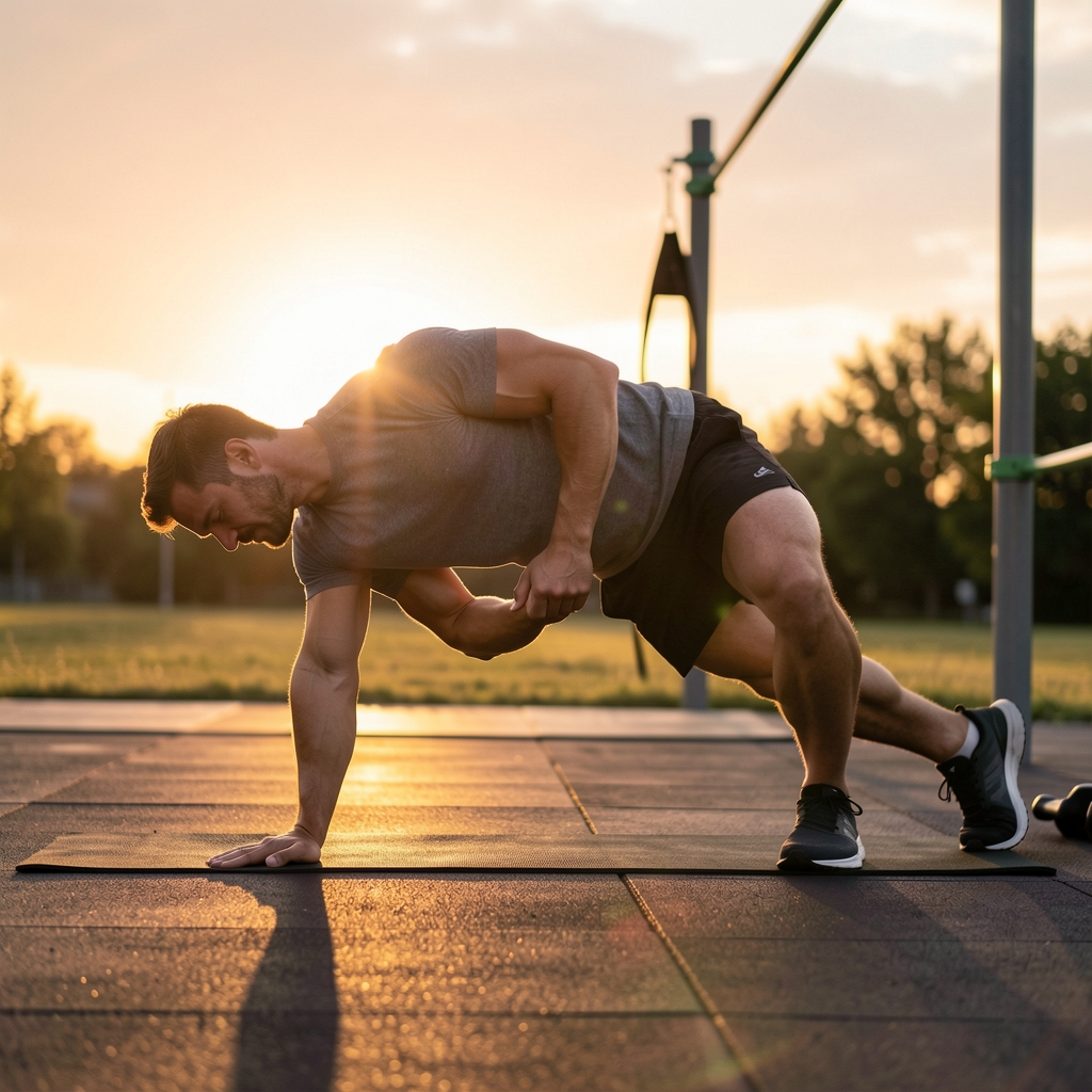 Man doing pull-ups on outdoor bars in a public park in Jakarta at dawn, natural light, urban fitness environment
