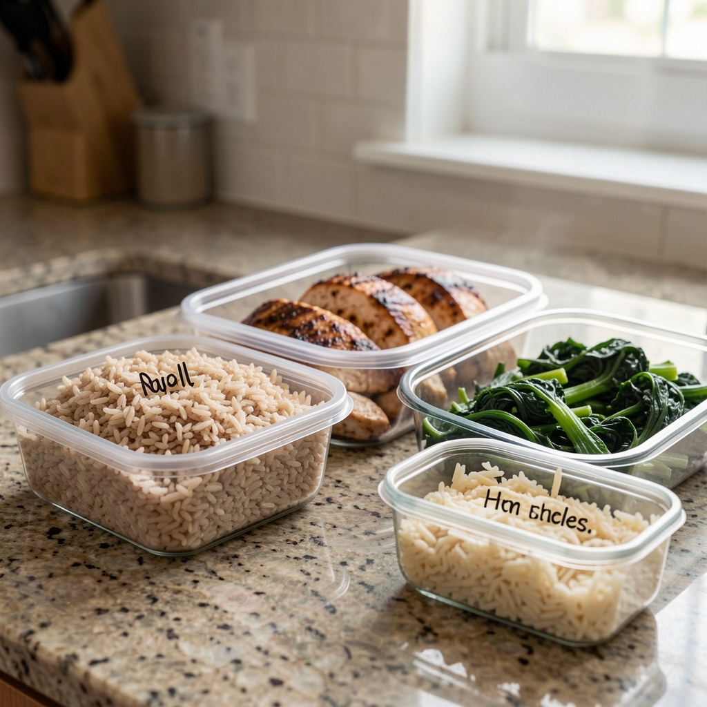 Close-up of a well-organised meal prep setup with labeled containers of brown rice, grilled chicken and steamed greens on a kitchen bench