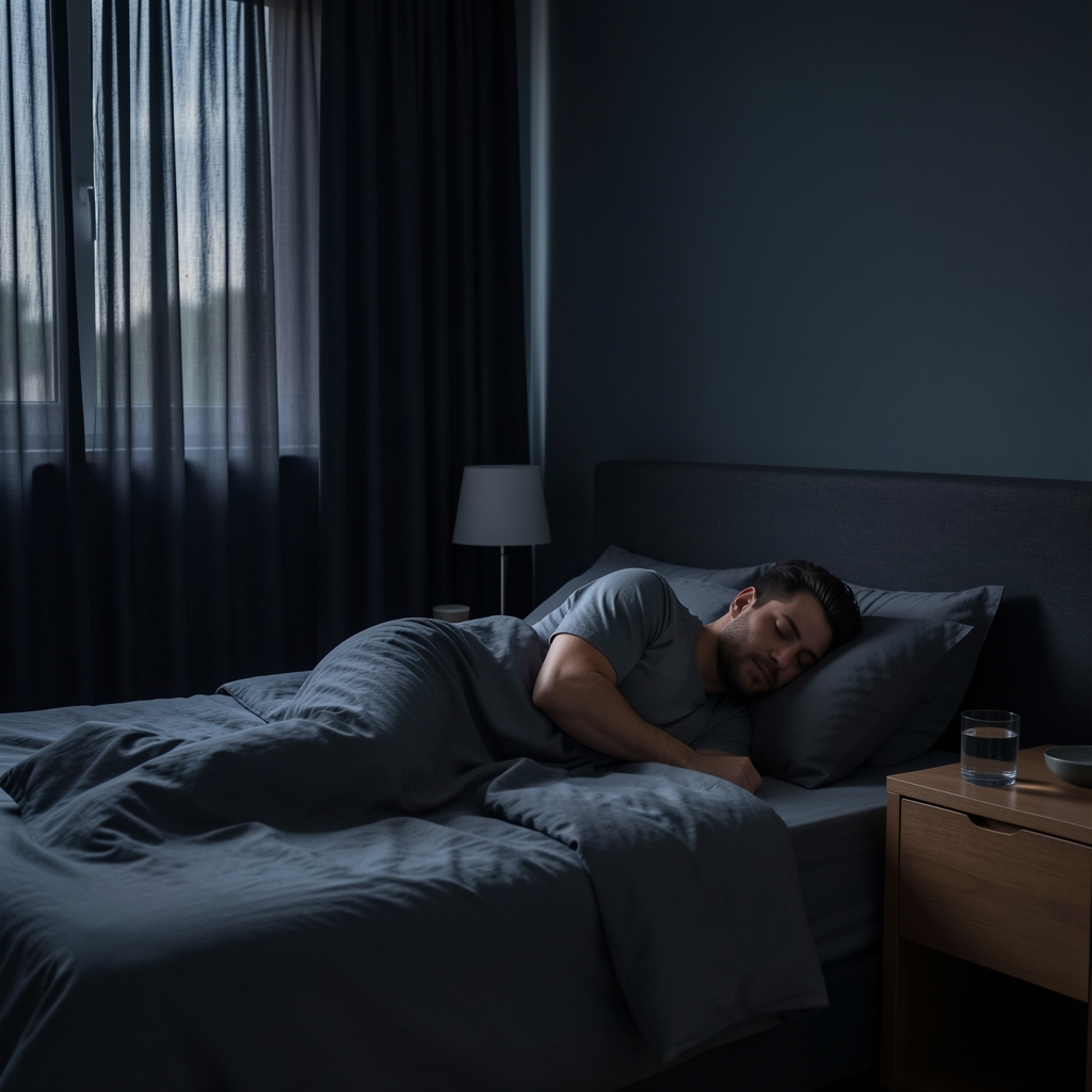 Peaceful bedroom scene showing a man sleeping in a dark, cool room with blackout curtains, minimal furnishings and a glass of water on the bedside table