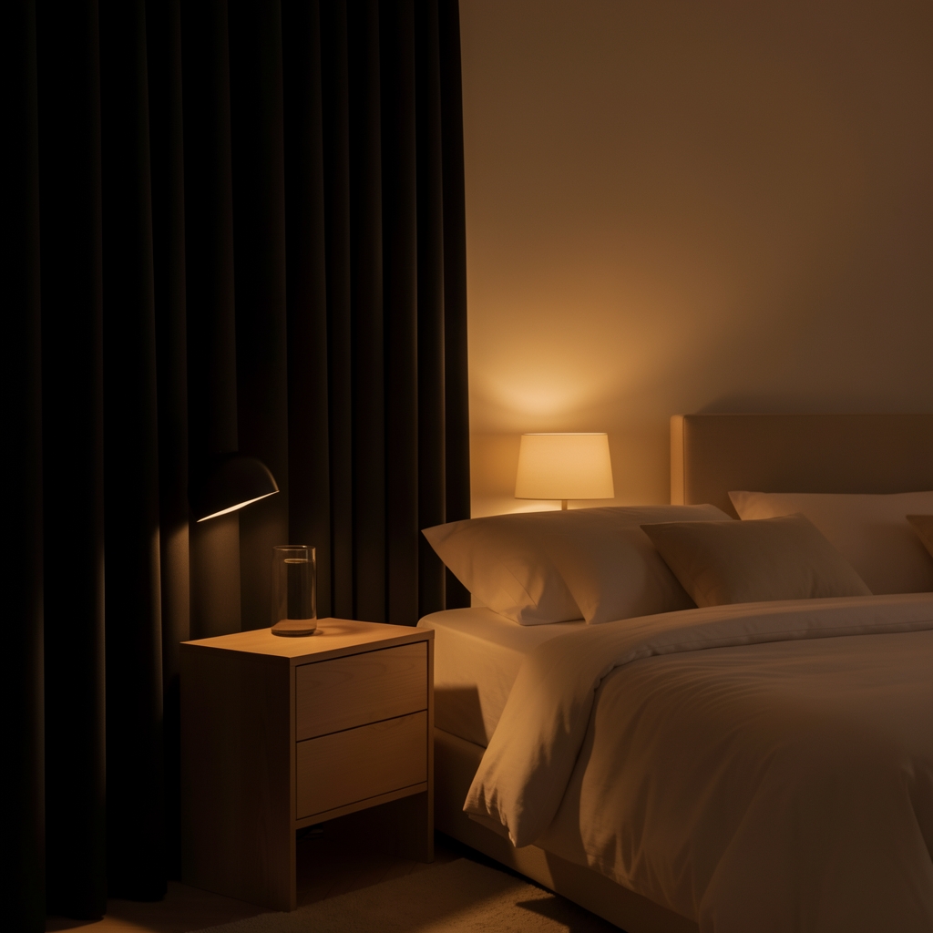 Quiet bedroom environment with dim amber lighting, blackout curtains, and a minimalist nightstand set up for quality sleep