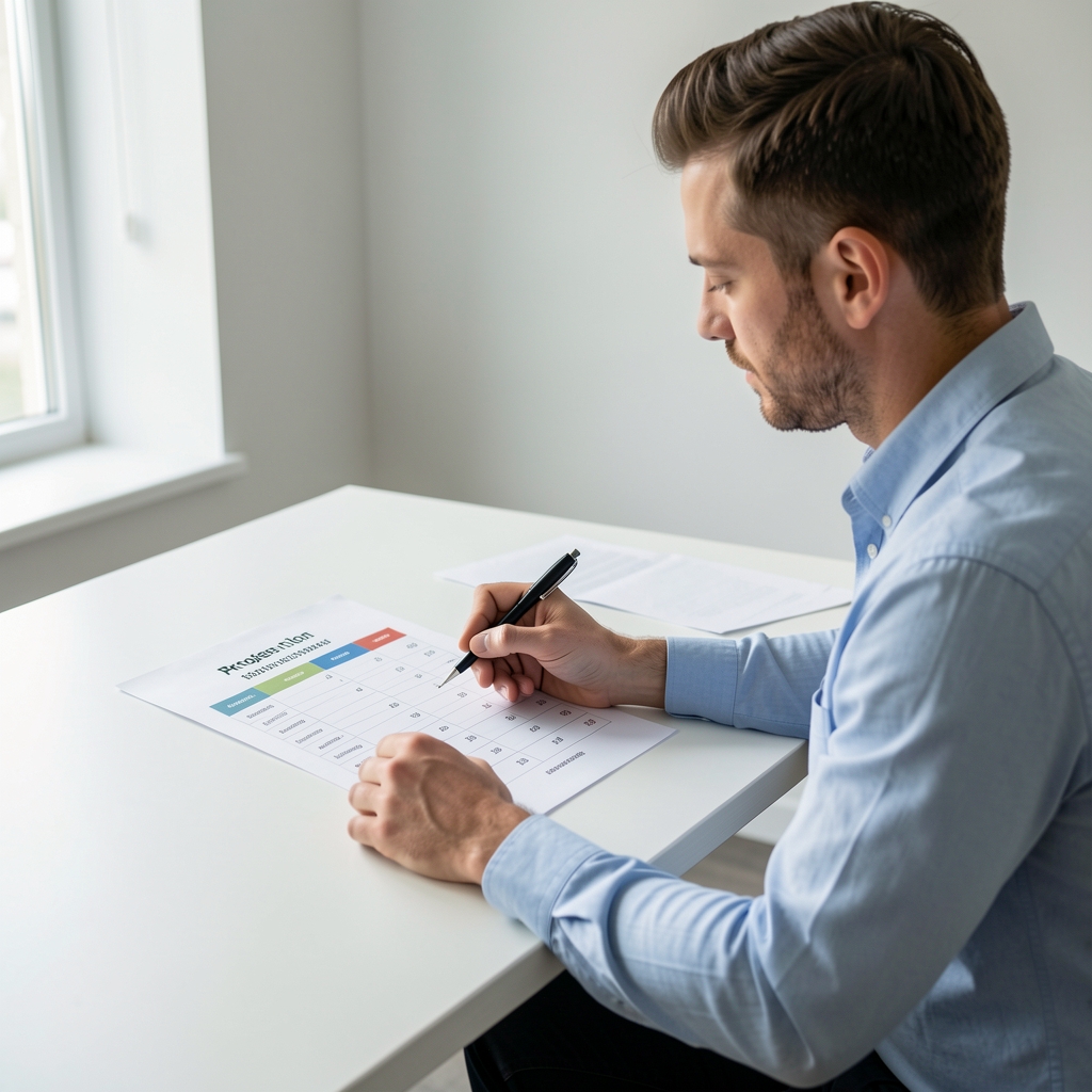 Man seated at a clean desk reviewing a printed progress-tracking chart, pen in hand, minimal workspace with natural light