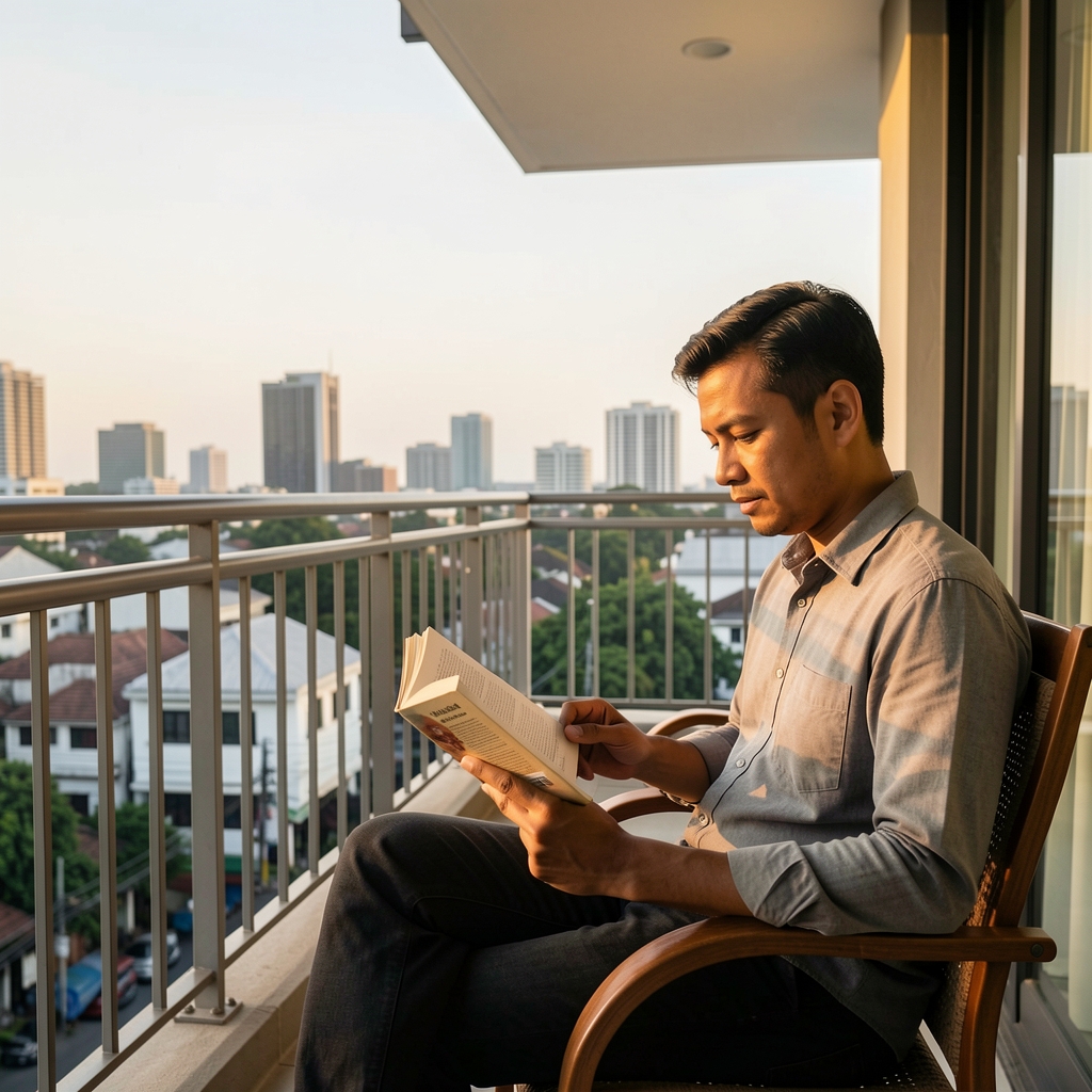 Urban man in a relaxed seated posture reading a book on a shaded Jakarta balcony in the late afternoon, stress management context