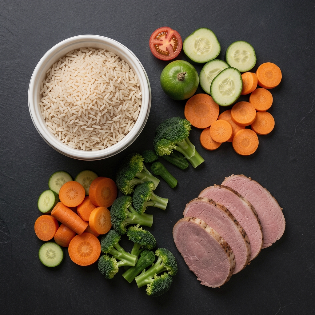 Flat lay of whole-food meal prep ingredients including brown rice, vegetables, and sliced lean protein on a dark surface
