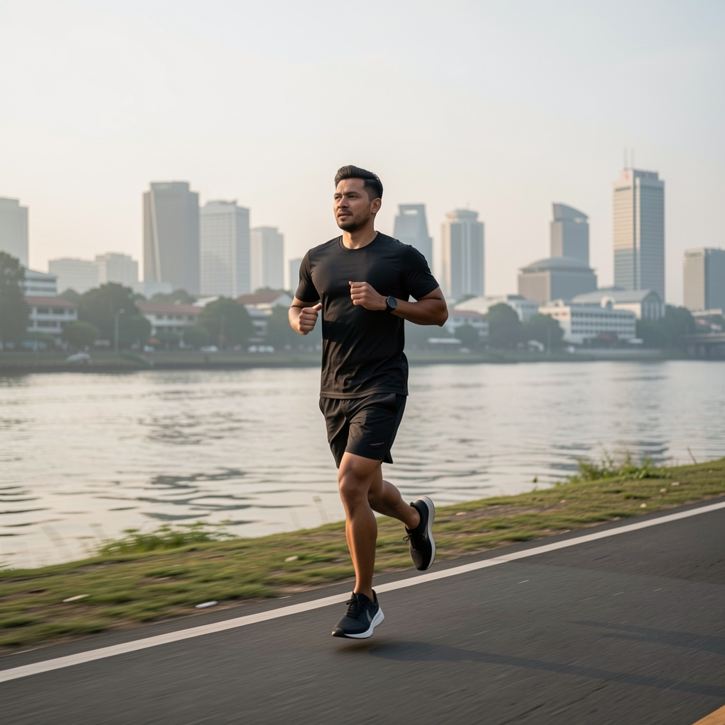 Man running along a Jakarta riverside path in the early morning, motion blur and urban landscape in background