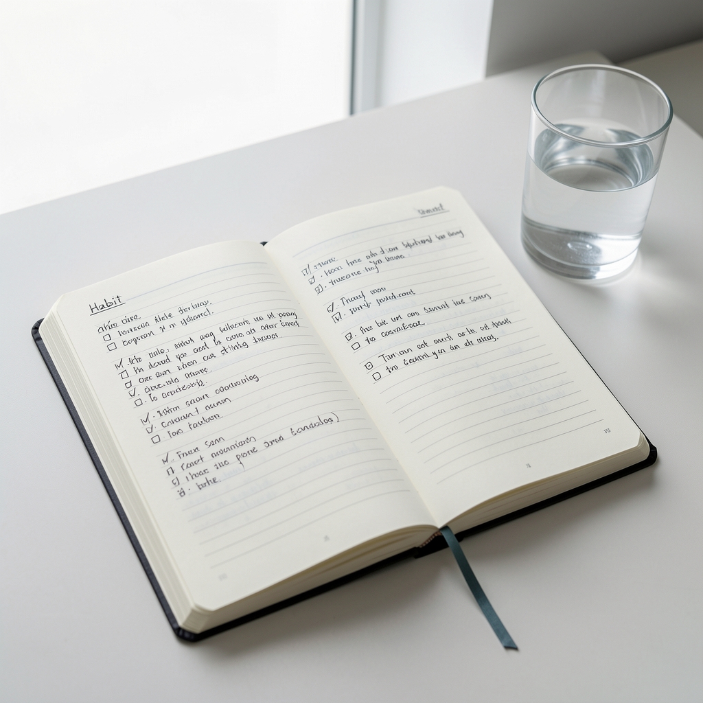 Open journal with handwritten habit log entries on a clean workspace, with a glass of water beside it