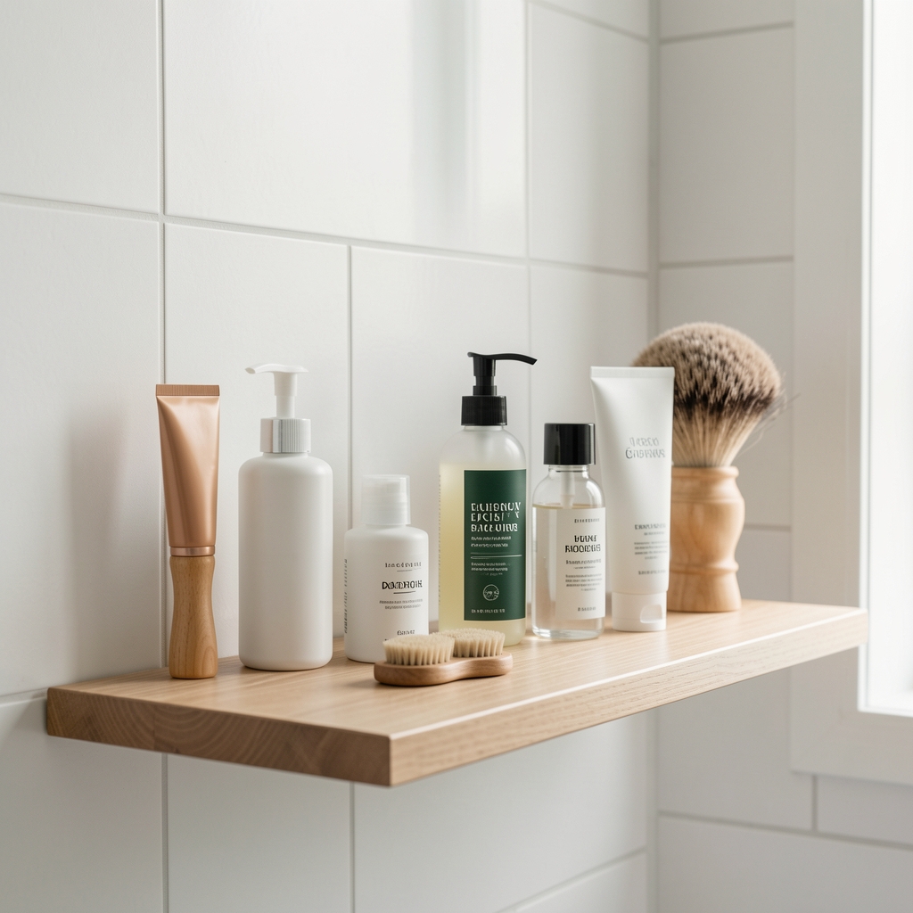 Minimalist grooming setup on a bathroom shelf with curated personal care products arranged precisely