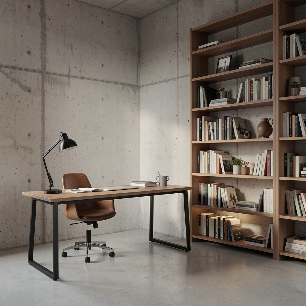 South Jakarta editorial office interior with exposed concrete wall, a standing desk, and curated reference shelf in ambient lighting