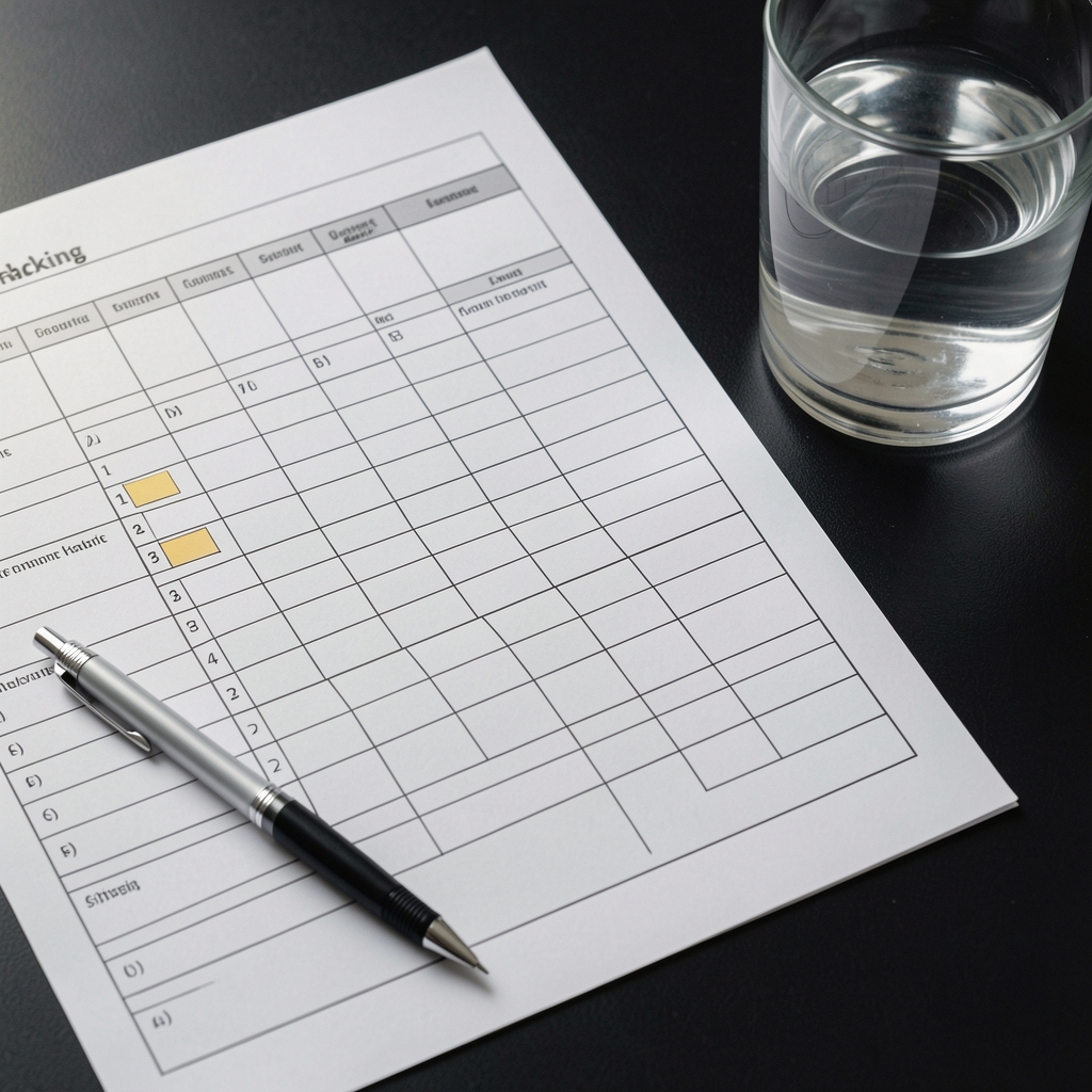 Close-up of a flat-lay with printed habit-tracking spreadsheets, a mechanical pencil, and a glass of water on a dark surface