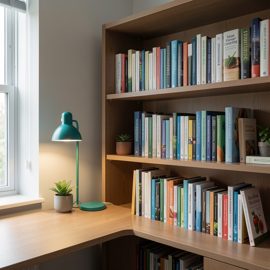 Corner of an editorial workspace with a bookshelf containing wellness and nutrition research volumes, teal lamp accent lighting