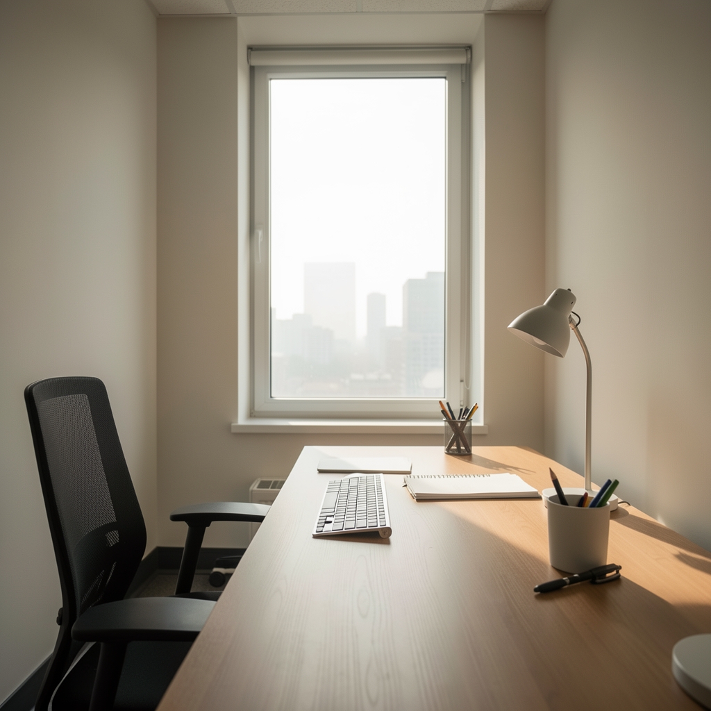Narrow window in a South Jakarta office with diffused natural light casting across a clean workspace desk in the early morning